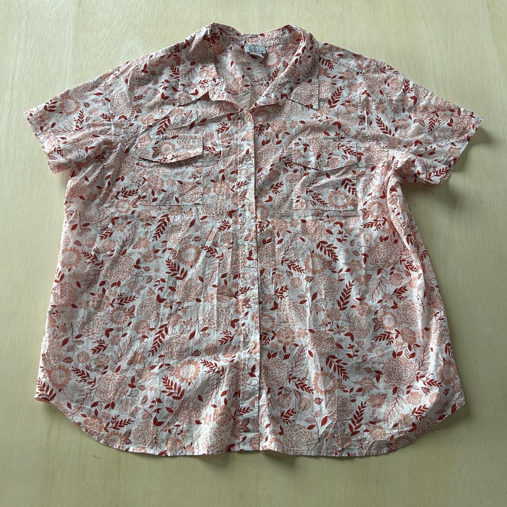 Only Necessities Button Up Shirt Womens Plus 2X White Floral Short Sleeve Top